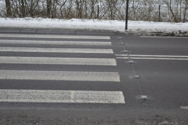 zdjęcie przedstawia oznakowane przejście dla pieszych na drodze